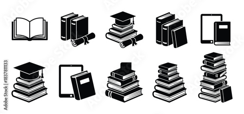 Book icons, academic degree, school supplies vector collection. Books and tablets education symbols set.