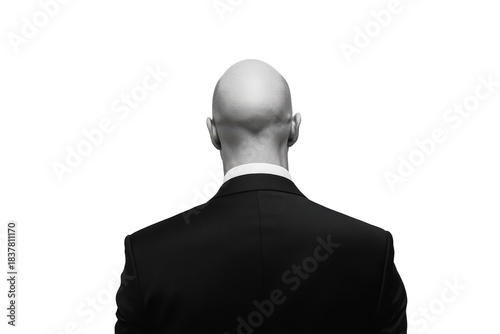 Man in black suit and white shirt seen from behind isolated on transparent background. Bald man in formal attire facing away isolated on white background.