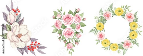 Elegant watercolor vector set featuring a white magnolia corner arrangement, a delicate pink rose bouquet, and a festive ranunculus wreath, perfect for wedding stationery and feminine logos