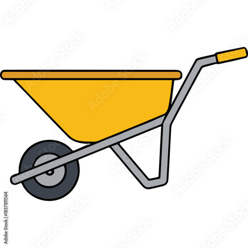 Yellow Wheelbarrow Garden Tool With Single Wheel Gray Metal Frame and Orange Handle On Black Background Simple Illustration