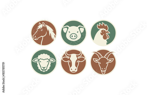 Farm animal icons set horse pig rooster sheep cow goat vector design
