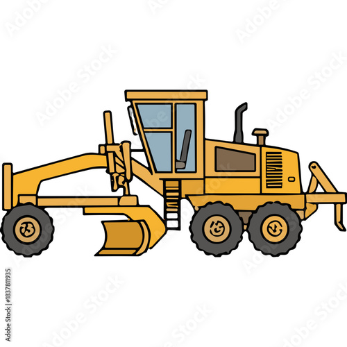 Yellow Motor Grader Heavy Construction Equipment with Large Blade and Multiple Wheels in Profile View on Black Background