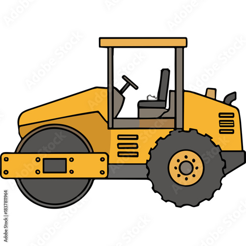 Yellow Road Roller Machine With Black Tire and Gray Cabin For Compacting Surfaces Detailed Construction Vehicle With Simple Flat Design Against Black Background