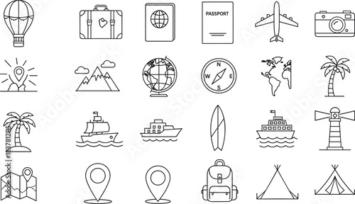Travel and tourism outline icons with hot air balloon, map, passport, and compass
