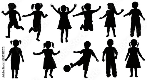 black vector silhouettes of diverse young children in dynamic poses (running, jumping, dancing) isolated on a transparent background, showcasing pure energy and spirit. concept of joyful childhood