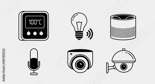 Smart home devices collection with thermostat, lightbulb, speaker, microphone, security cameras, modern technology for remote control