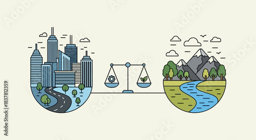 Modern illustration balancing urban cityscape and natural landscape with gear and leaf on scale, promoting sustainability and eco-friendly concepts