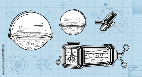 Futuristic Terrarium Designs and Scientific Blueprints with Unique Vector Illustrations, Ideal for Biotech, Innovation, and Modern Concepts