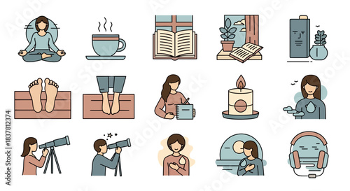Meditating woman, cozy moments, reading, writing, candles, nature, observation, relaxation, calm, lifestyle illustrations