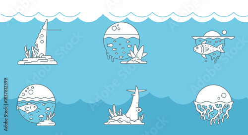 Minimalist underwater world illustrations featuring fish, coral, and jellyfish in a serene ocean environment, perfect for design and decor projects