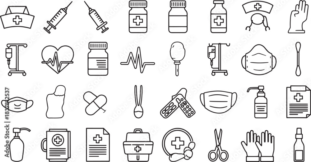 Obraz premium Comprehensive set of medical nurse icons for healthcare and professional use