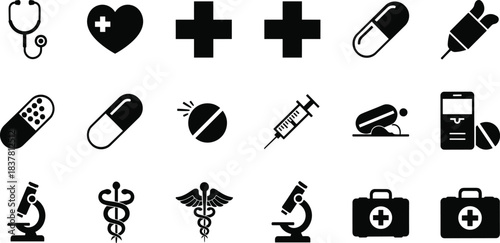 Medical icons set on transparent background stethoscope heart cross pills syringe briefcase