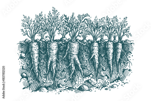 Carrot field. Root vegetables in ground. Harvest fresh organic farm produce. Garden drawing sketch. Vector art.