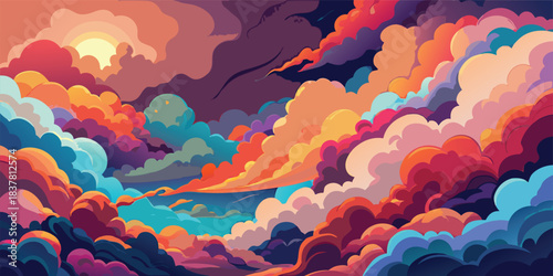 A vibrant sky filled with colorful clouds and a bright sun creating a dreamy atmosphere art

