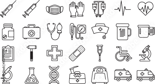 Comprehensive medical nurse icon collection featuring essential healthcare symbols