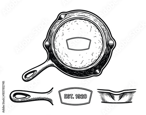 Cast iron skillet. Frying pan. Kitchen handle. Skillet part. Est 1920 emblem. Cooking equipment.