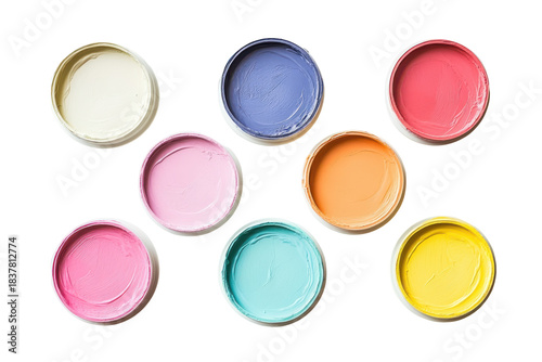 Collection of colorful makeup eyeshadow palettes on transparent background. Colorful round containers of paint cream arranged in a creative layout from the top view isolated on white background.