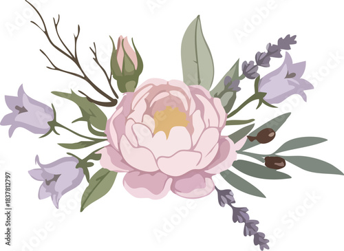 A pastel pink peony and purple bellflower floral bouquet for elegant design