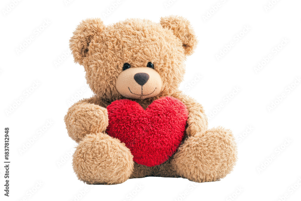 Fototapeta premium Cute teddy bear holding a red heart isolated on transparent background. Cute teddy bear with a red heart isolated on white background.