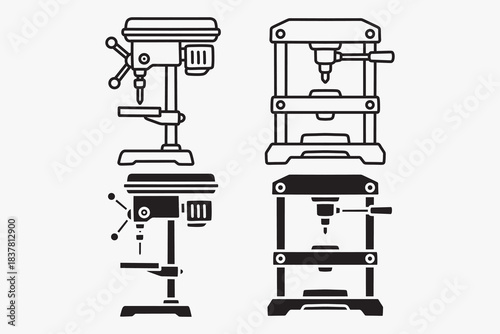 Drill press, Bench drill, Pillar drill outline icon set. Press machine, Workshop drill silhouette element bundle. Workshop, Industrial, Fabrication, Repair, Garage, Factory. Vector illustration.