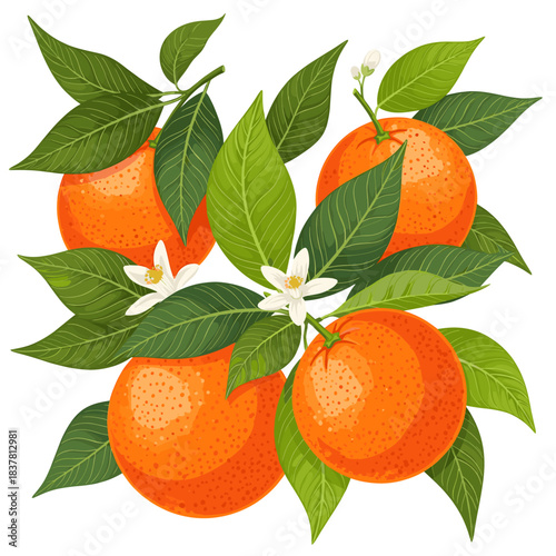 Fresh Citrus Oranges on Branch with Green Leaves and White Blossoms - Botanical Illustration