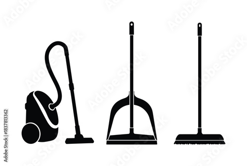 Cleaning tools set, household equipment, vacuum cleaner, dustpan, broom, sweeping items.