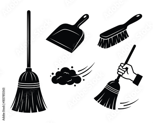 Cleaning tools set, broom and dustpan, cleaning brush, household hygiene, dust cloud, hand sweeping.