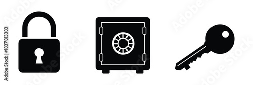 Closed padlock. Safe box. Metal key. Security and protection symbols.