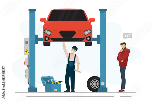 Car repairing service. Mechanic standing under car and fixing auto with wrench. Doing vehicle diagnostics. Repairman checking automobile. Vehicle owner in garage