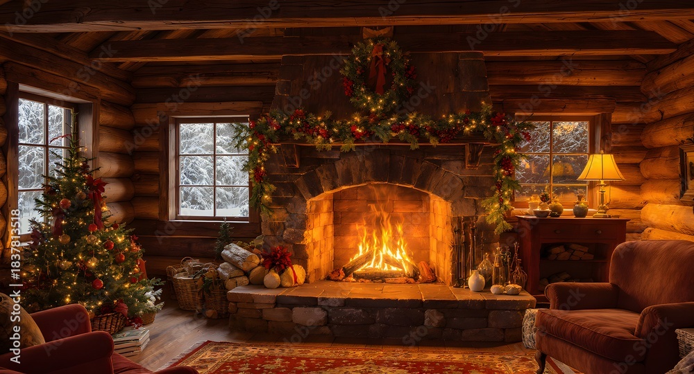 Naklejka premium Cozy log cabin interior glows with roaring fireplace and twinkling Christmas tree lights