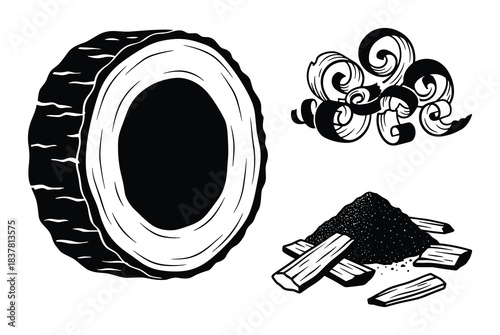 Coconut, wood shavings, wood chips, and planks depicting natural organic materials.