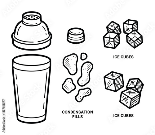 Cocktail shaker set. Ice cubes and liquid condensation. Bartending tools for drink mixing.