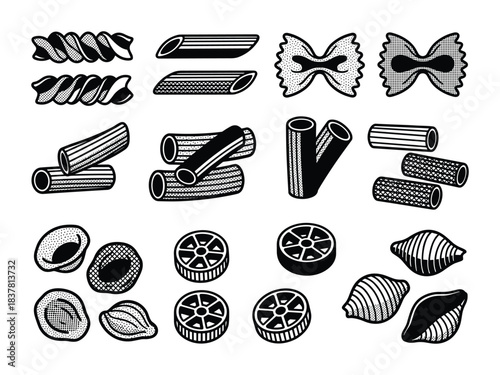 Collection of different pasta varieties, italian cuisine ingredients, dry macaroni assortment, various shapes