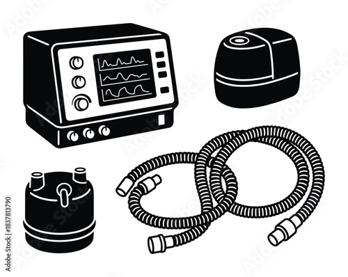 Collection of ventilator accessories showing various parts for respiratory support and patient care.