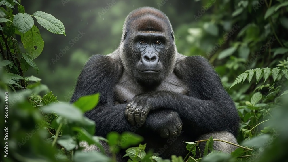 Obraz premium Majestic Silverback Gorilla Poses in Lush Green Jungle Foliage.