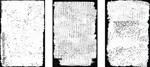 Grungy textured poster layers set. Border frame rough edges and overlay texture for brochure, social media, posters, flyers.Textured banner with Distress, speckled effect .Vector screen print texture 