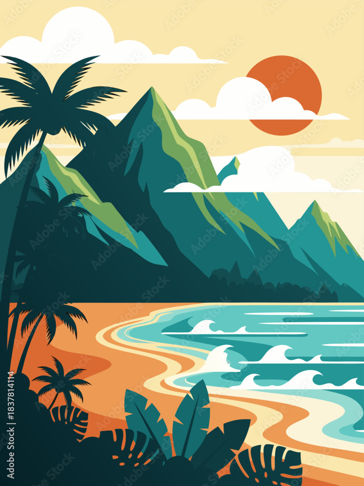 Obraz premium Vibrant vector graphic illustration of a stunning tropical beach sunset, showcasing majestic mountains, swaying palm trees, and serene ocean waves