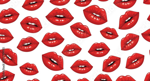 Glamorous seamless red lips pattern on white. Modern fashion, beauty, and romance design