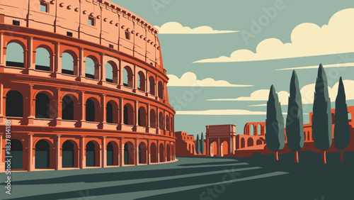 Stunning Illustration of the Historic Colosseum in Rome, an Architectural Marvel of Ancient Civilization Under a Scenic Cloudy Sky