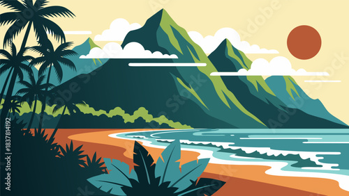 Tropical Paradise Landscape Illustration Sandy Beach, Ocean Waves, Palm Trees, and Majestic Mountains Under a Setting Sun