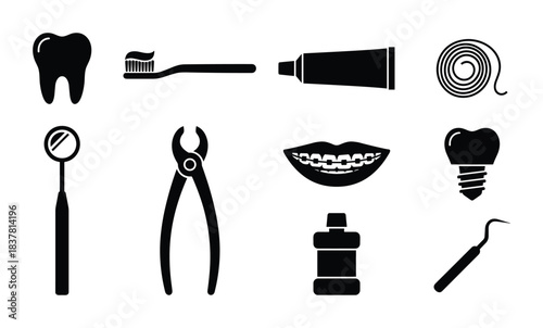 Dental care and hygiene icons. Tooth toothbrush toothpaste and tools. Oral health and treatment set.