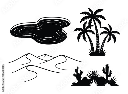 Desert landscape elements: oasis water, sand dunes, palm trees, desert plants. Arid environment icons set.