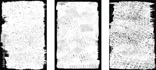 Grungy textured poster layers set. Border frame rough edges and overlay texture for brochure, social media, posters, flyers.Textured banner with Distress, speckled effect .Vector screen print texture 