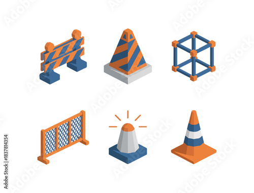 Isometric construction safety elements on black background