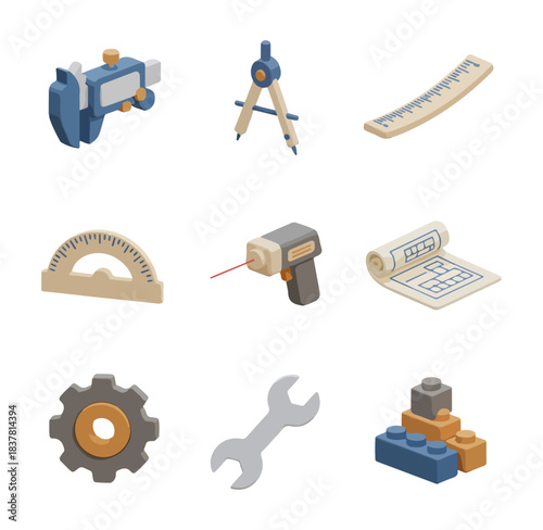Isometric tools set illustration of various construction and engineering instruments