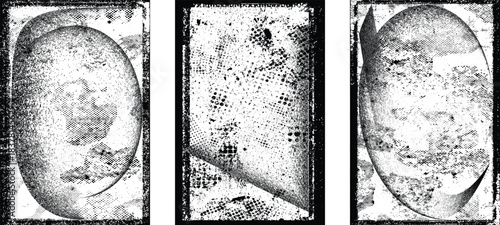Grungy textured poster layers set. Border frame rough edges and overlay texture for brochure, social media, posters, flyers.Textured banner with Distress, speckled effect .Vector screen print texture 