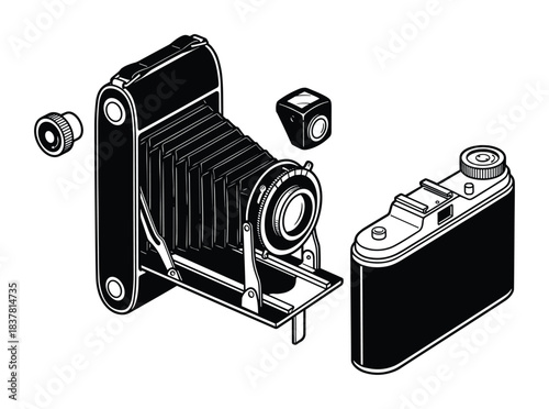 Disassembled photographic equipment. Camera body, bellows, lens, viewfinder, and film compartment.