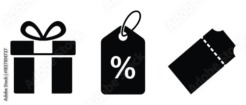 Discount and gift symbols. Gift box, price tag, and coupon icons for special offers.
