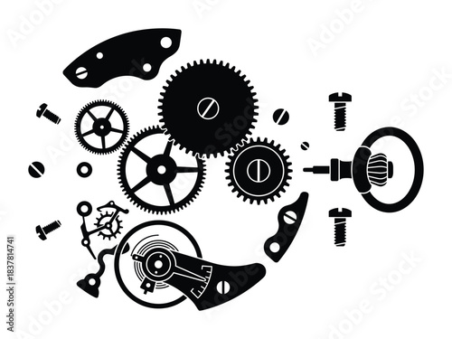 Disassembled watch movement parts. Gears and screws. Balance wheel and spring vector illustration.