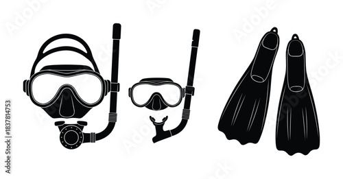 Diving mask, snorkel, and flippers. Underwater swimming and snorkeling activity. Ocean recreation.